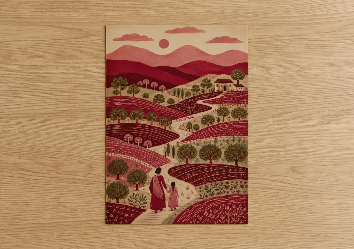 Fields and valleys art print on warm oak wood — maroon and beige palette — Tuscan Vineyard Landscape Wall Art poster