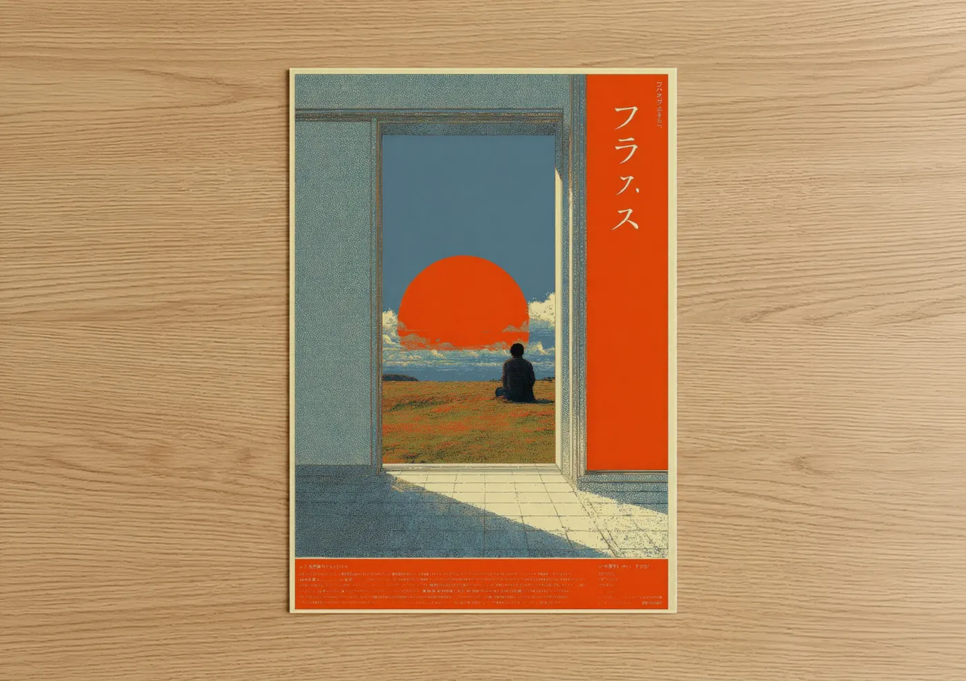Japanese y2k art print on warm oak wood — orange and blue palette — Solitary Sunset poster