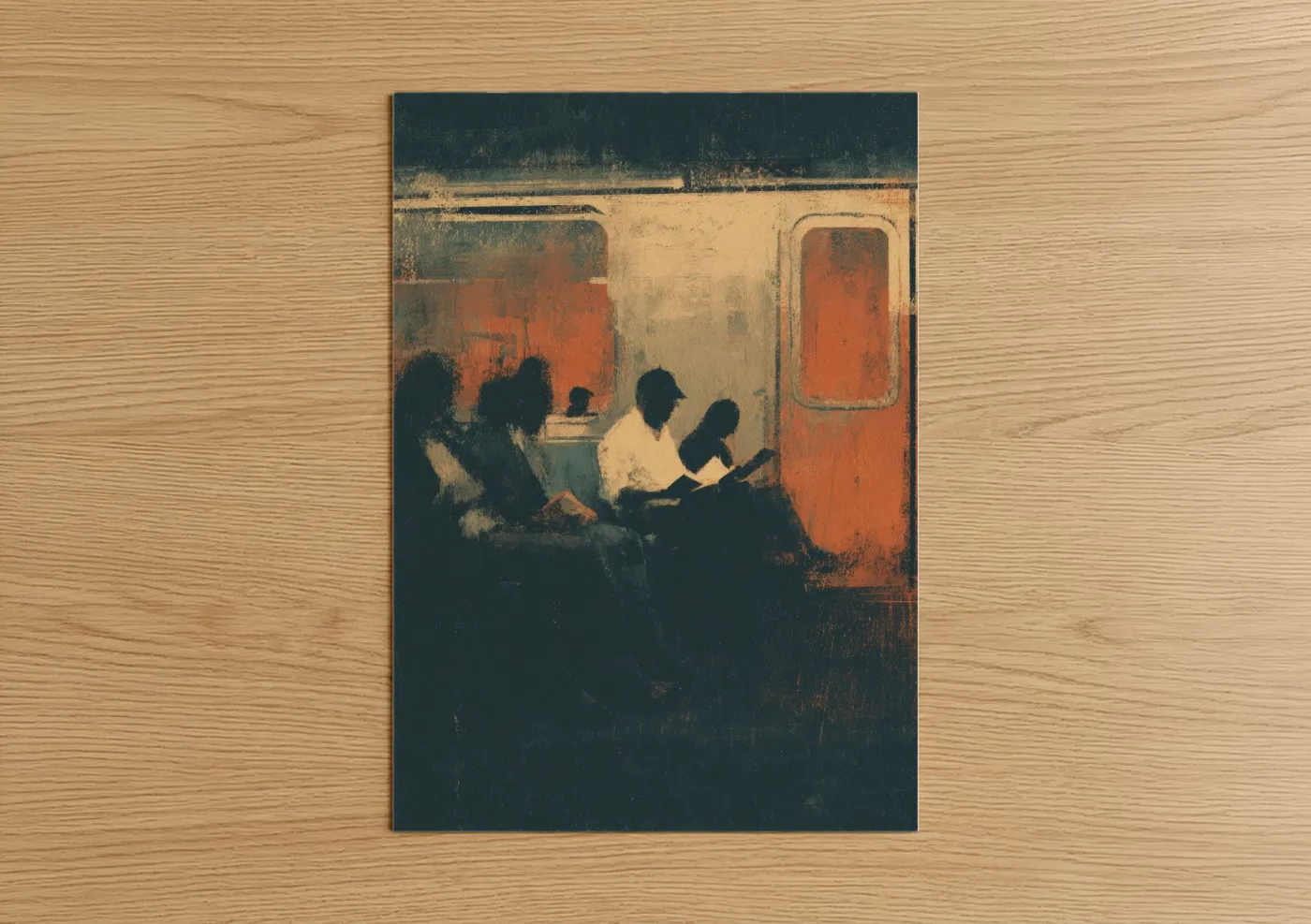 Reading art print on warm oak wood — gold and dark blue palette — Subway Readers poster