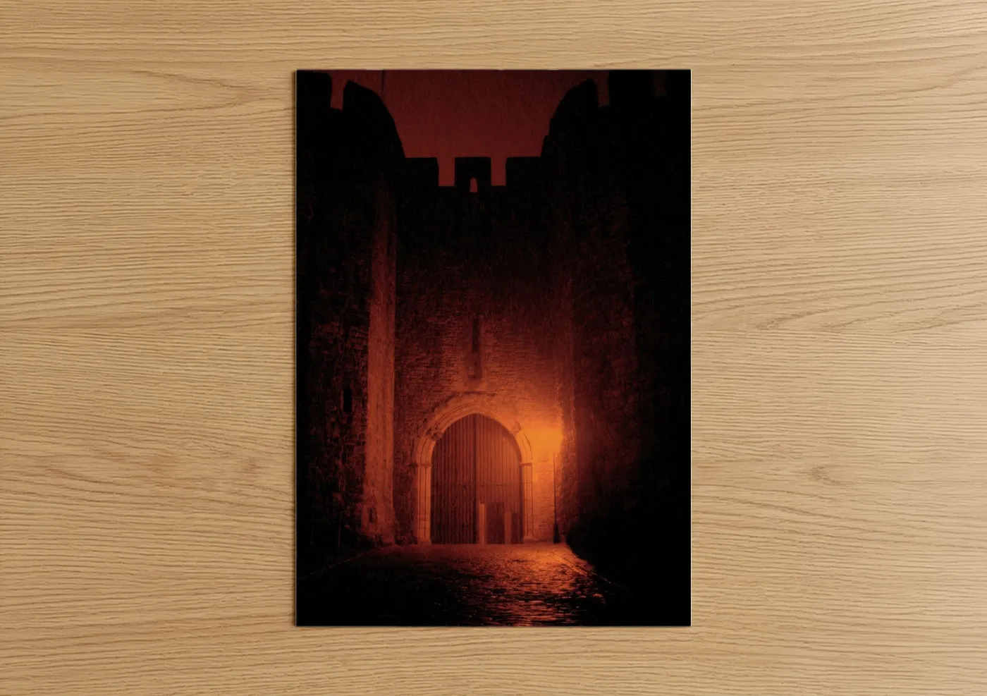 Art print on warm oak wood — maroon and gold palette — Crimson Gateway poster
