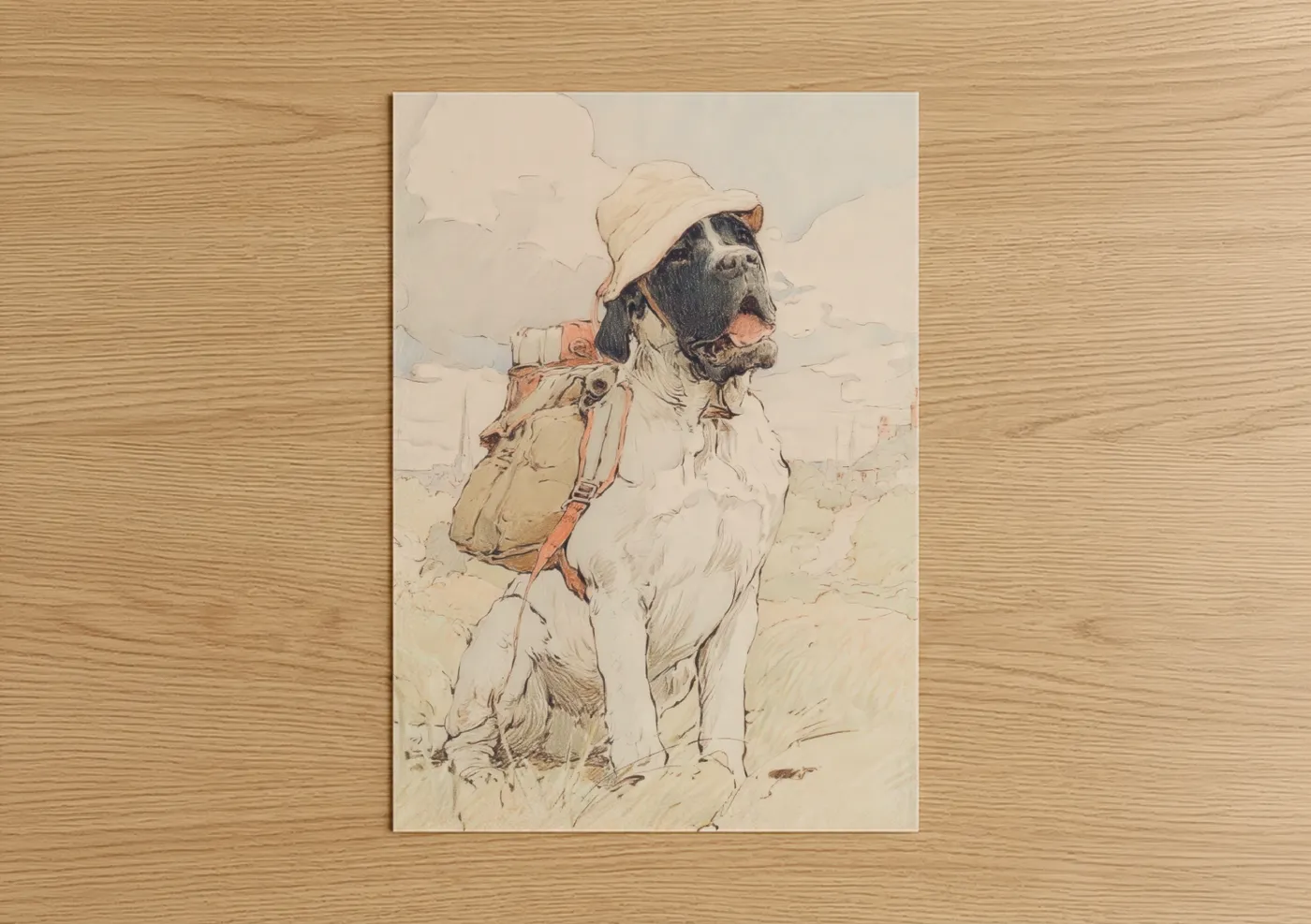 Art print on warm oak wood — cream and beige palette — Adventure Mastiff poster