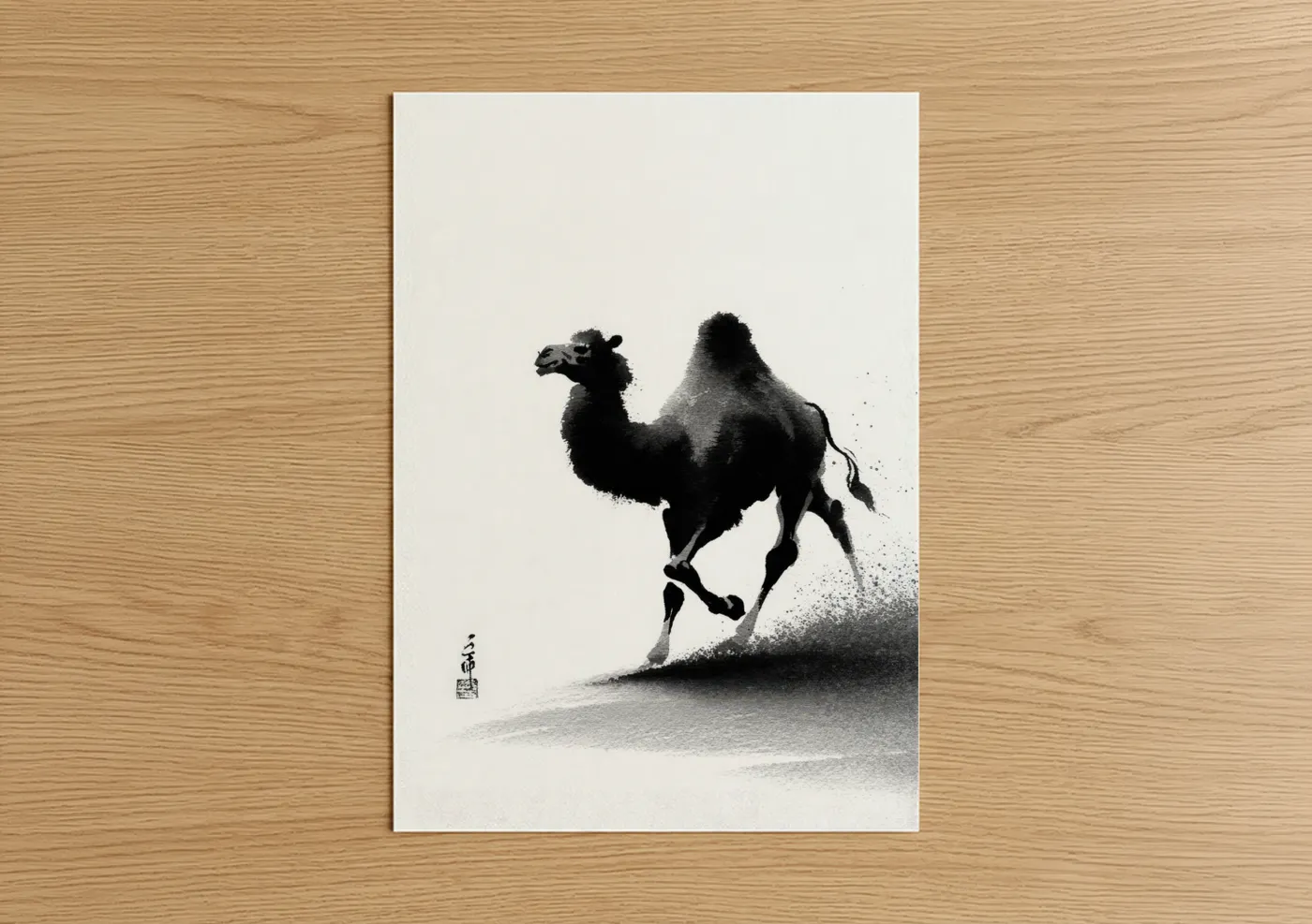 Art print on warm oak wood — black and white and gray palette — Desert Camel poster