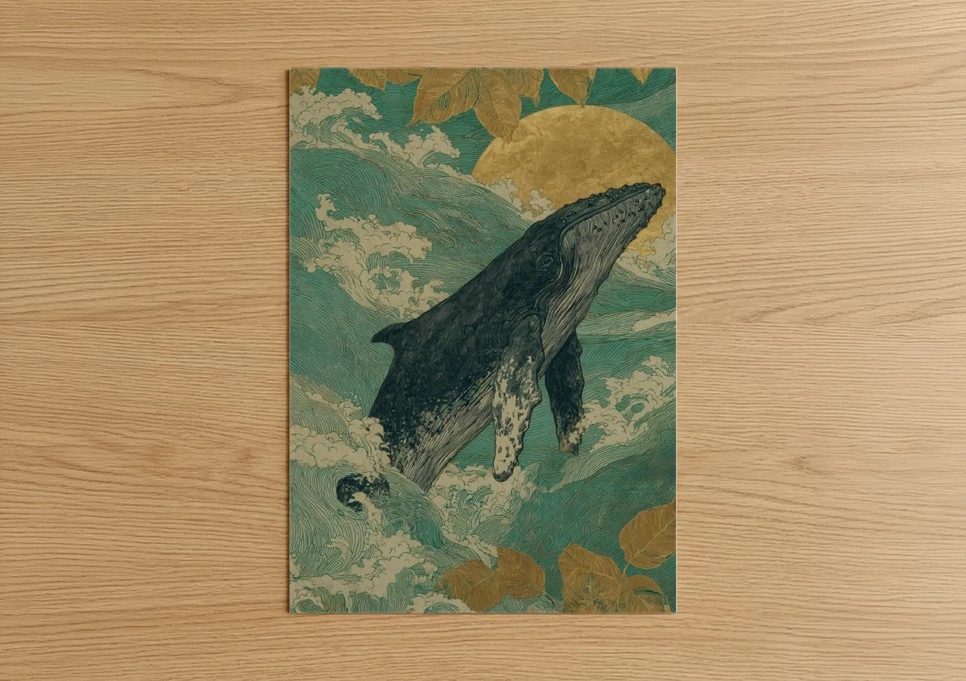 Gray Whale Diving Japanese Woodblock Wall Art