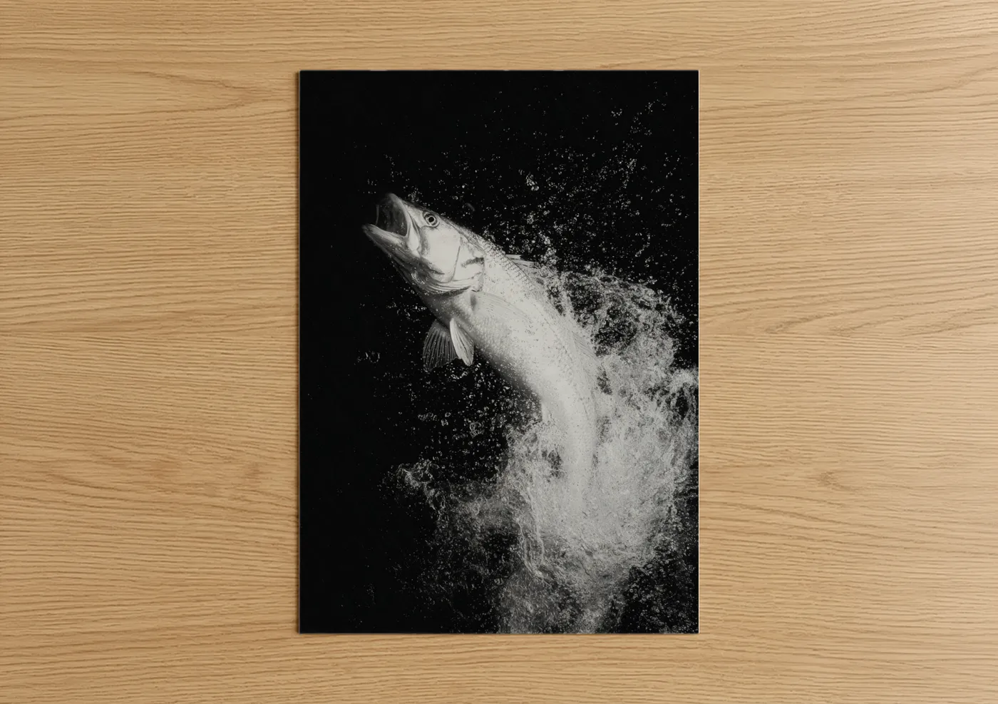 Art print on warm oak wood — black and white palette — Jumping Snook poster