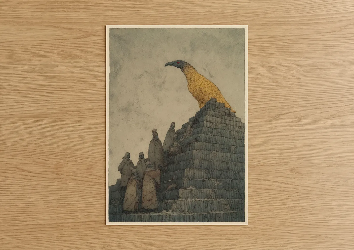 Art print on warm oak wood — gold and dove gray palette — Golden Phoenix Monument poster