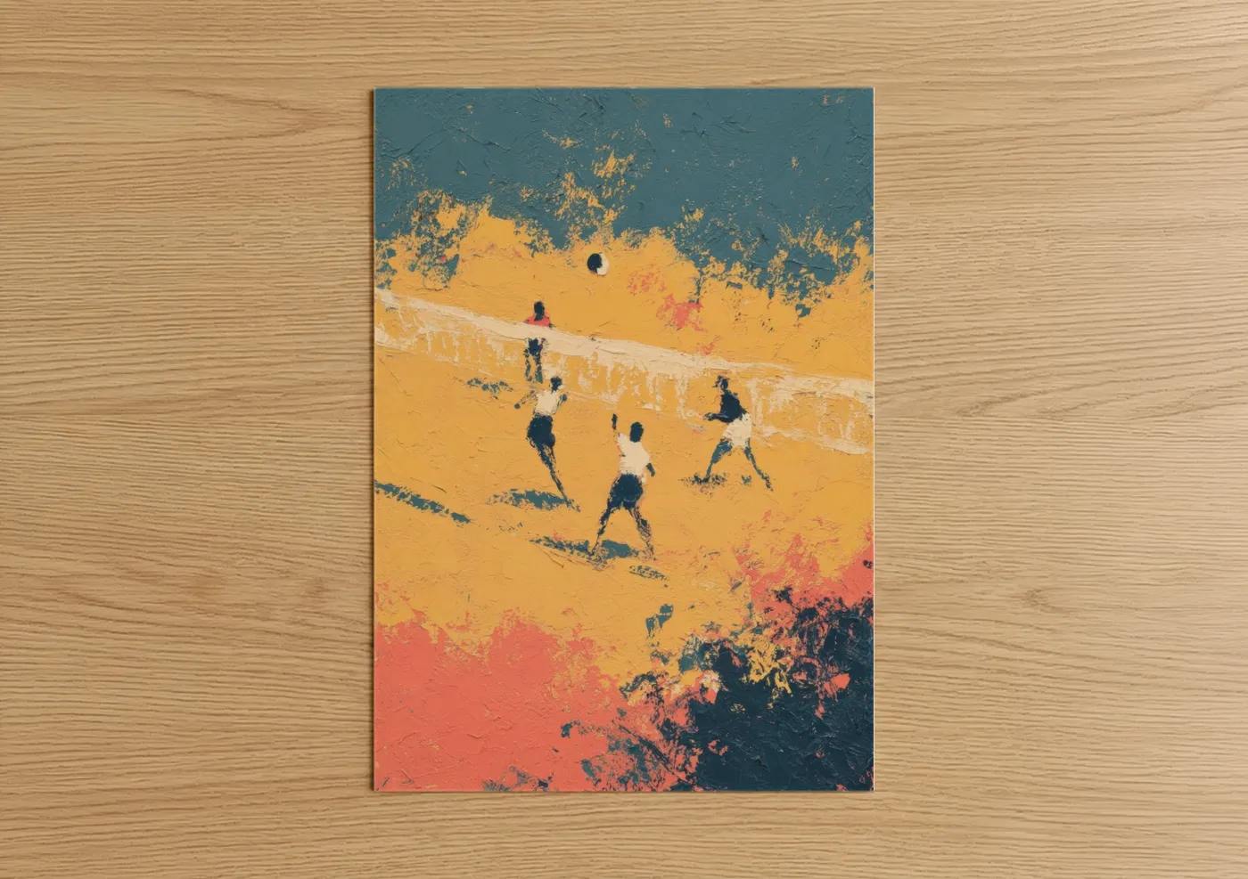 Art print on warm oak wood — gold and teal palette — Beach Volleyball Energy poster