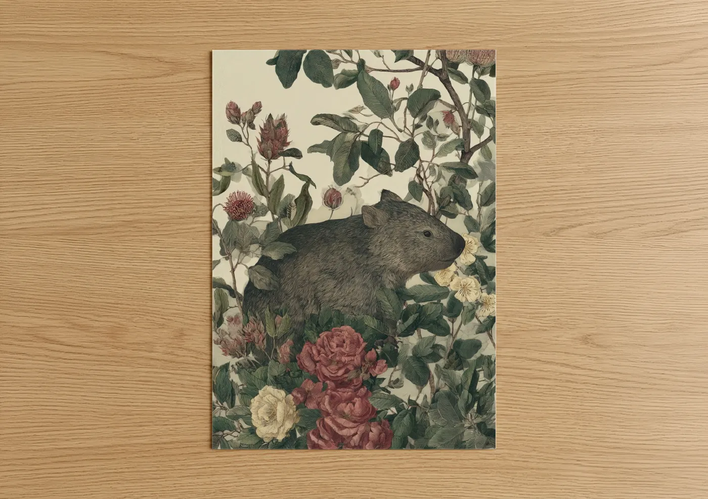 Wombat Among Roses Botanical Wall Art