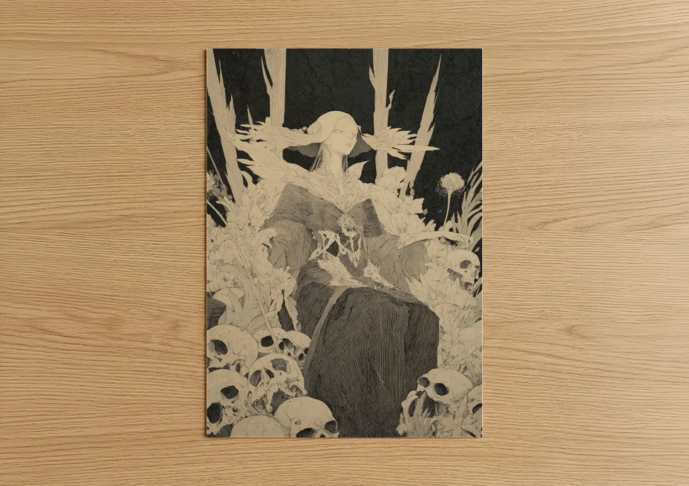 Dark fantasy art print on warm oak wood — black and white and gray palette — Skeletal Rebirth poster