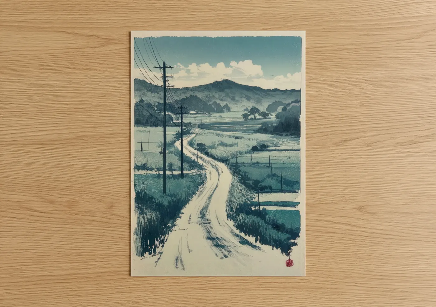 Various landscapes art print on warm oak wood — blue and white and sage green palette — Rural Mountain Valley poster