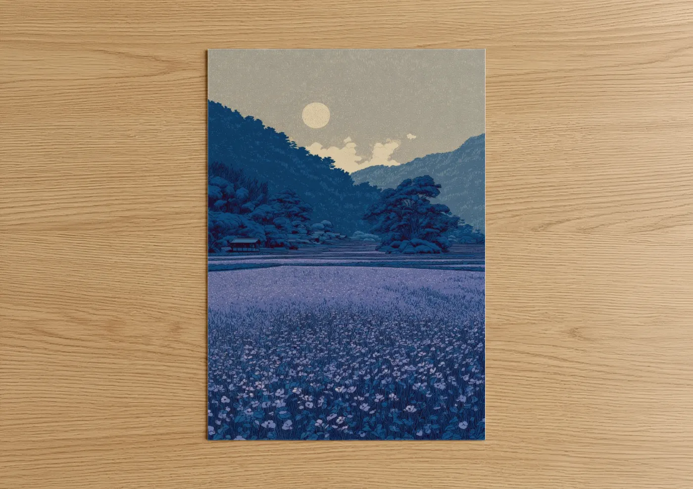 Violets art print on warm oak wood — royal blue and lavender palette — Moonlit Violet Field poster