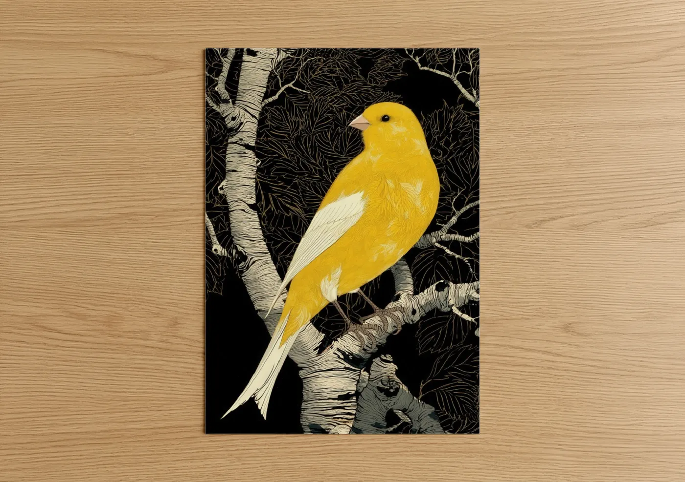 Canaries art print on warm oak wood — yellow gold and black and white palette — Golden Canary poster