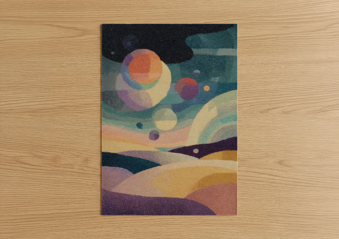 Art print on warm oak wood — teal and gold palette — Celestial Dreamscape poster