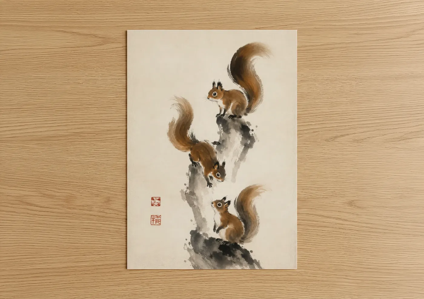 Art print on warm oak wood — beige and brown palette — Red Squirrel Trio Asian Brush Wall Art poster