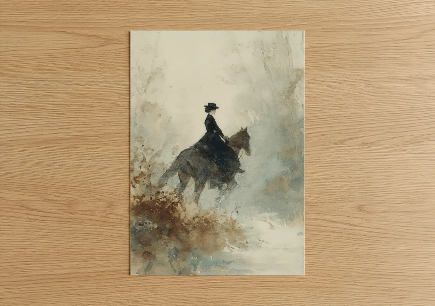 Art print on warm oak wood — cream and sage green palette — Misty Horseback Rider poster
