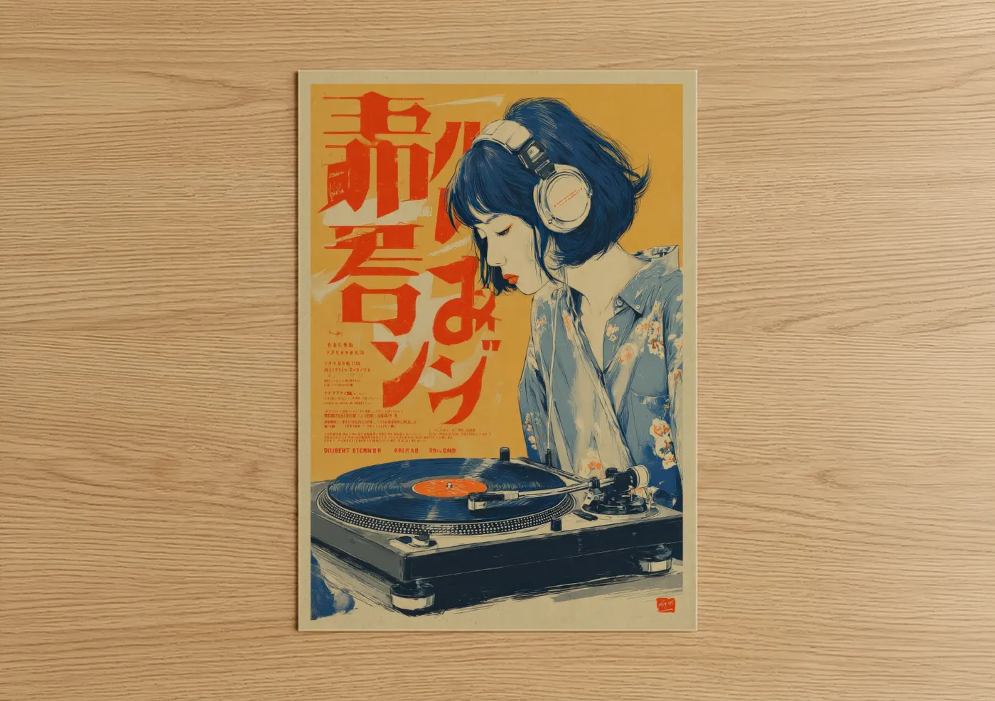 Vintage japanese ads art print on warm oak wood — gold and blue palette — Vinyl Music Girl poster