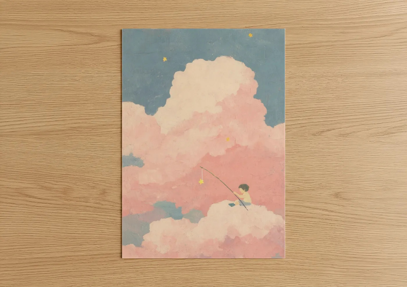 Kids magic and fantasy art print on warm oak wood — peach and blue palette — Cloud Dreamer poster