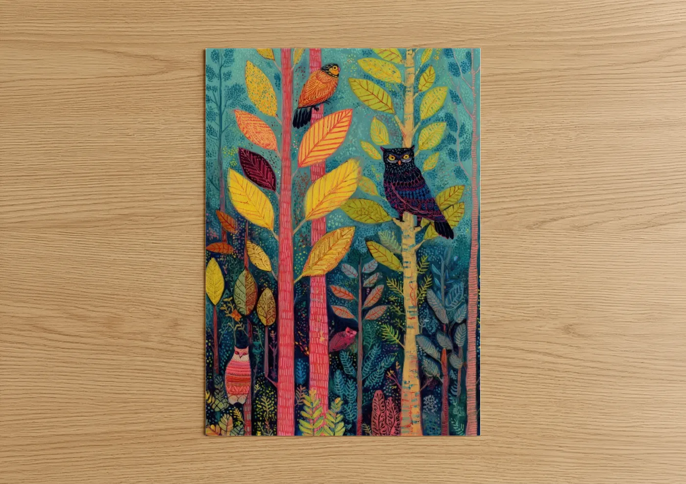 Colorful Forest Canopy with Birds and Owls Wall Art