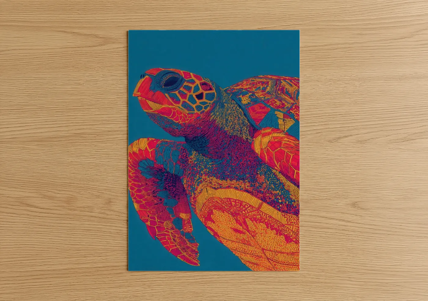 Art print on warm oak wood — red and blue palette — Vibrant Sea Turtle poster