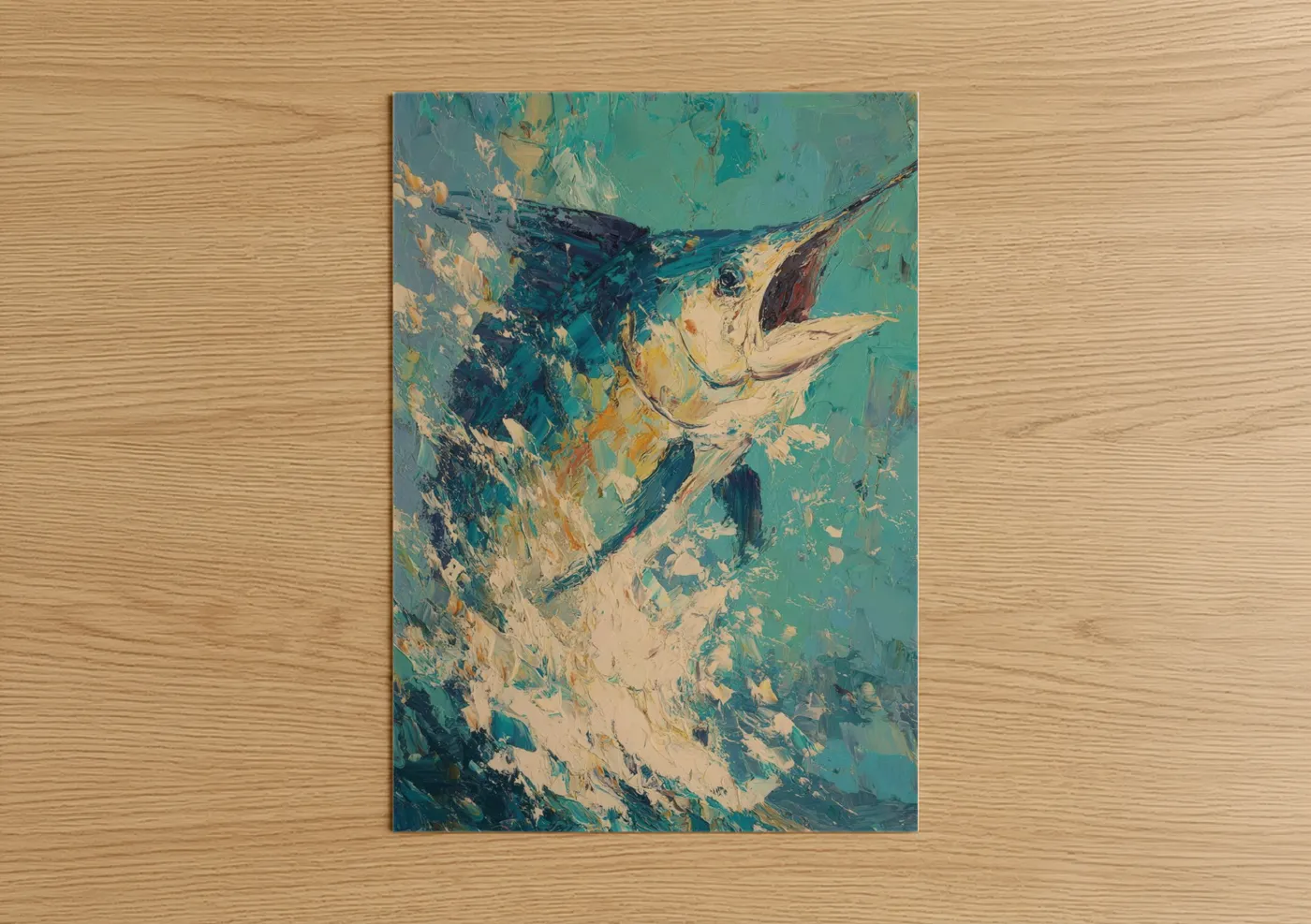 Art print on warm oak wood — gold and teal palette — Golden Sailfish poster