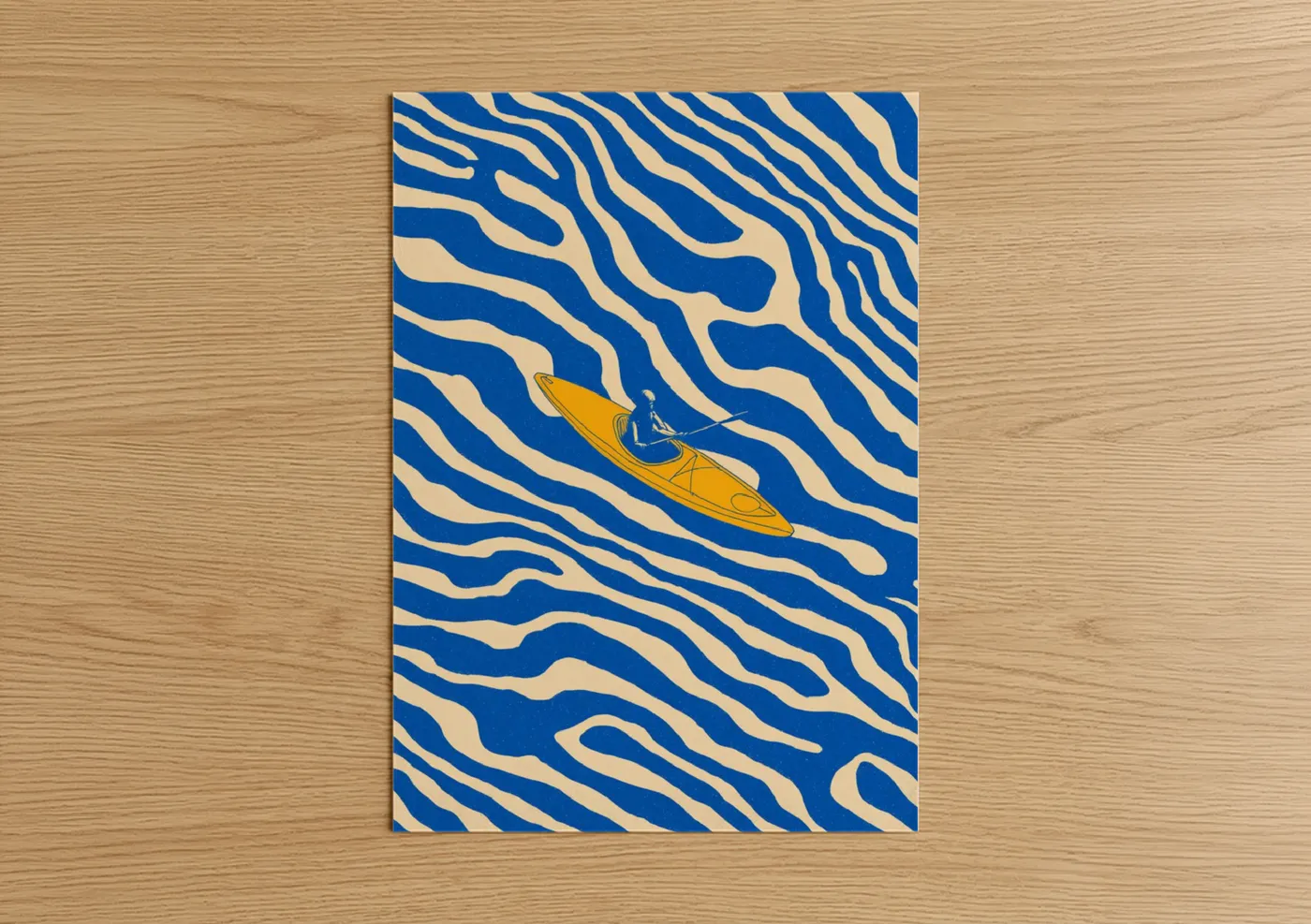 Canoeing and kayaking art print on warm oak wood — blue and yellow gold palette — Abstract Kayaker poster
