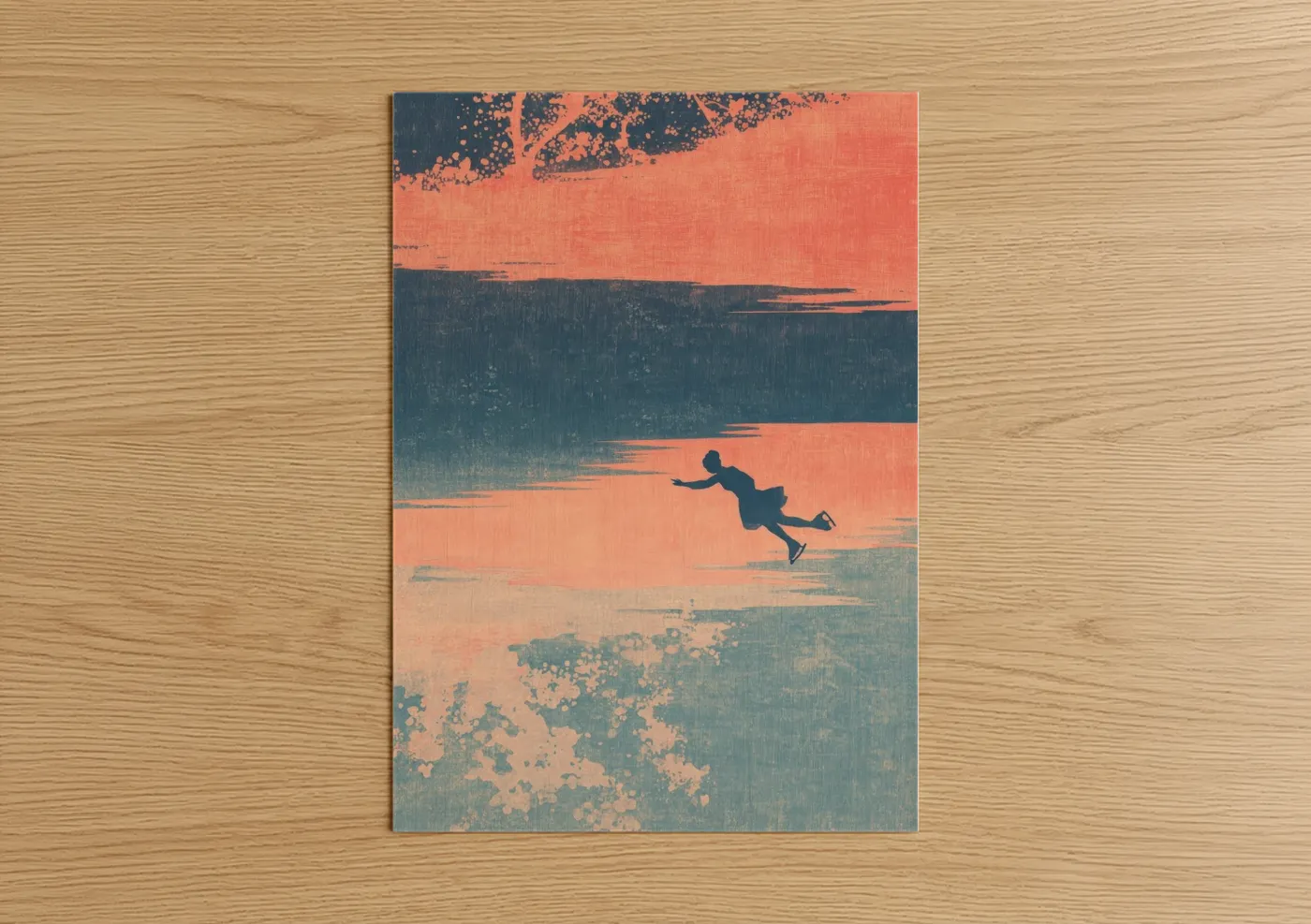 Ice skating art print on warm oak wood — salmon pink and blue palette — Sunset Ice Skater poster