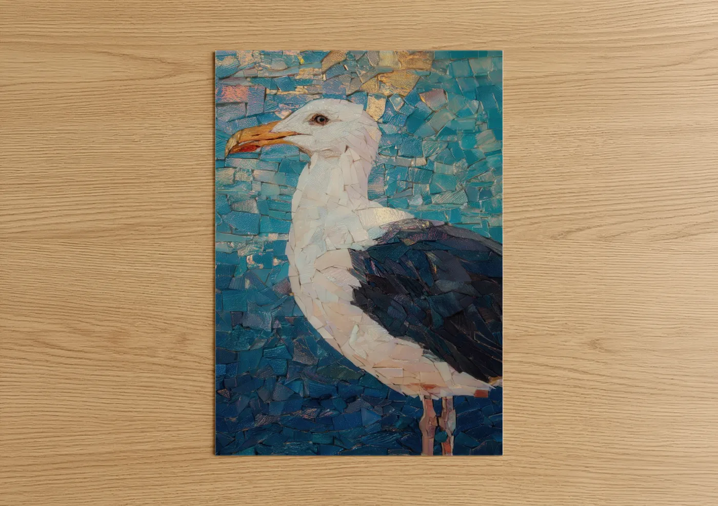 Art print on warm oak wood — teal and gold palette — Coastal Seagull poster