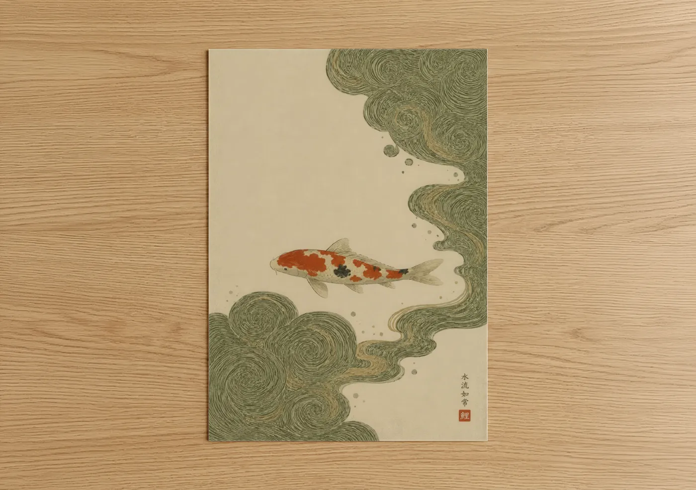 Art print on warm oak wood — beige and olive palette — Japanese Koi Fish Illustration Wall Art poster
