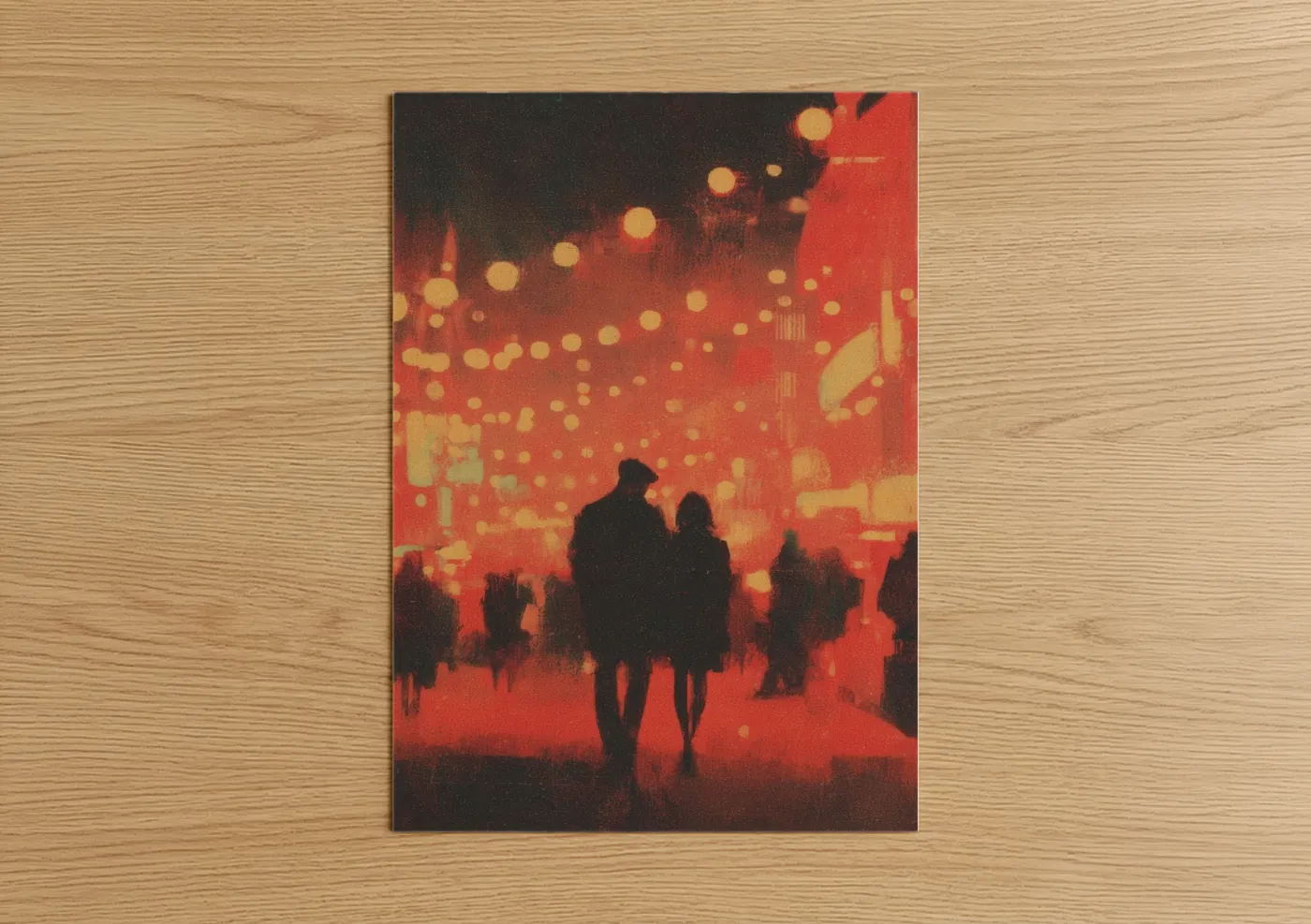 Carnival art print on warm oak wood — red and gold palette — Festive Lantern Glow poster