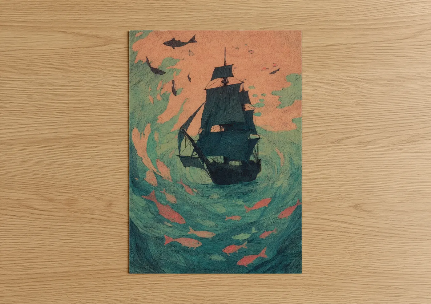 Art print on warm oak wood — teal and salmon pink palette — Whirlpool Sailing Ship poster