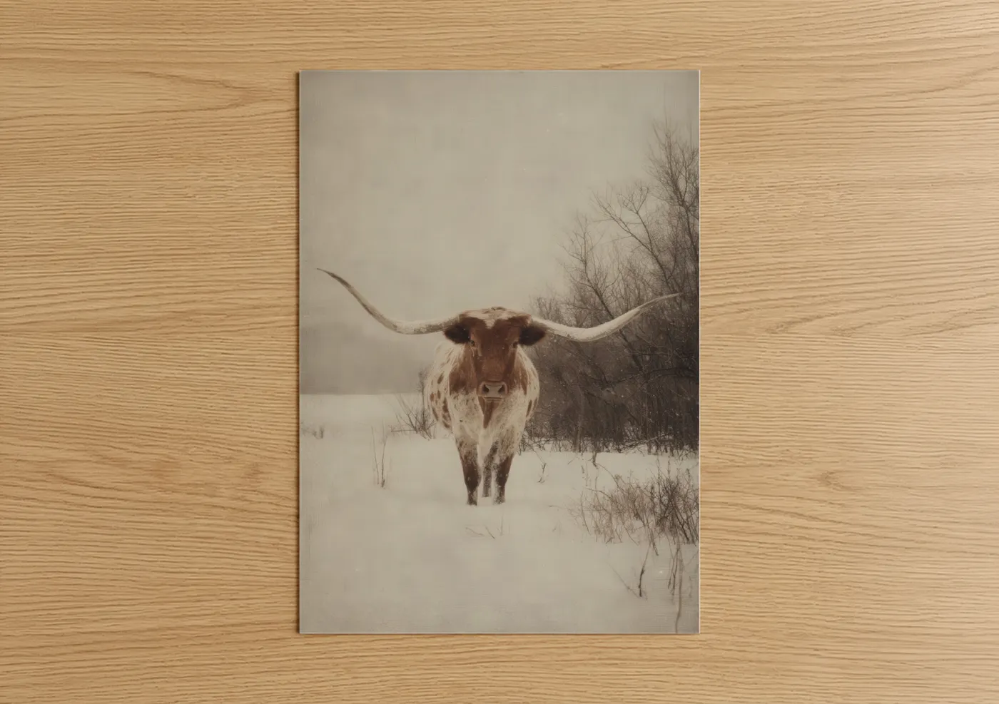 Longhorn cow art print on warm oak wood — beige and gray and white palette — Snowy Longhorn poster