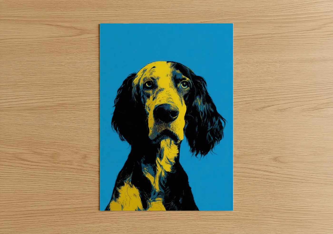 Art print on warm oak wood — blue and yellow gold palette — Yellow Setter Portrait poster
