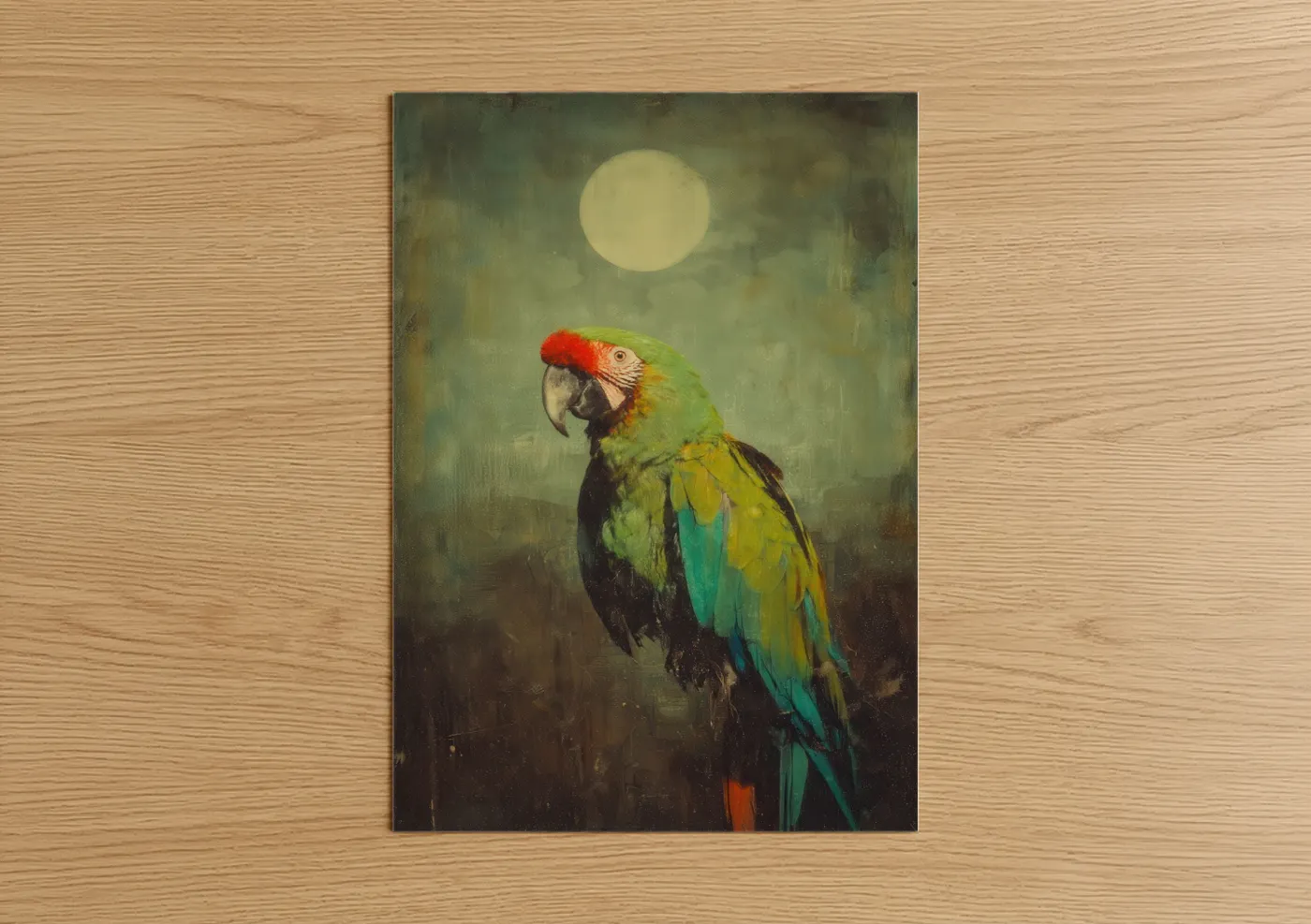 Safari parrots art print on warm oak wood — green and gold palette — Moonlit Macaw poster