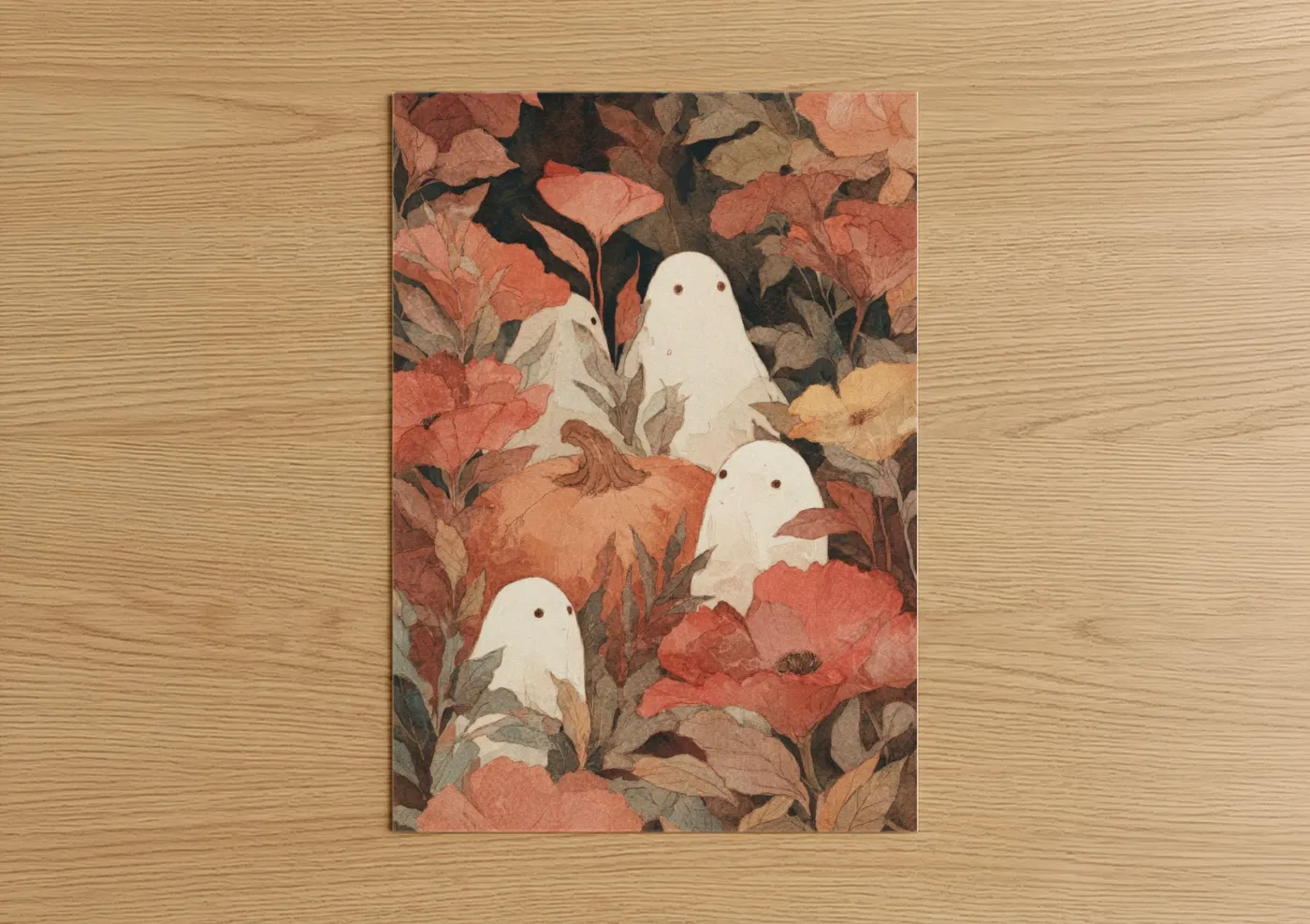 Art print on warm oak wood — russet and cream palette — Autumn Ghost Gathering poster
