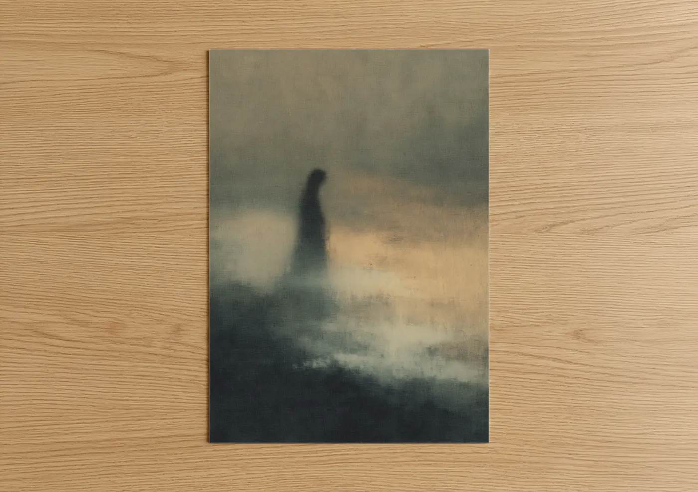 Dreamscape art print on warm oak wood — gray and beige palette — Misty Apparition poster