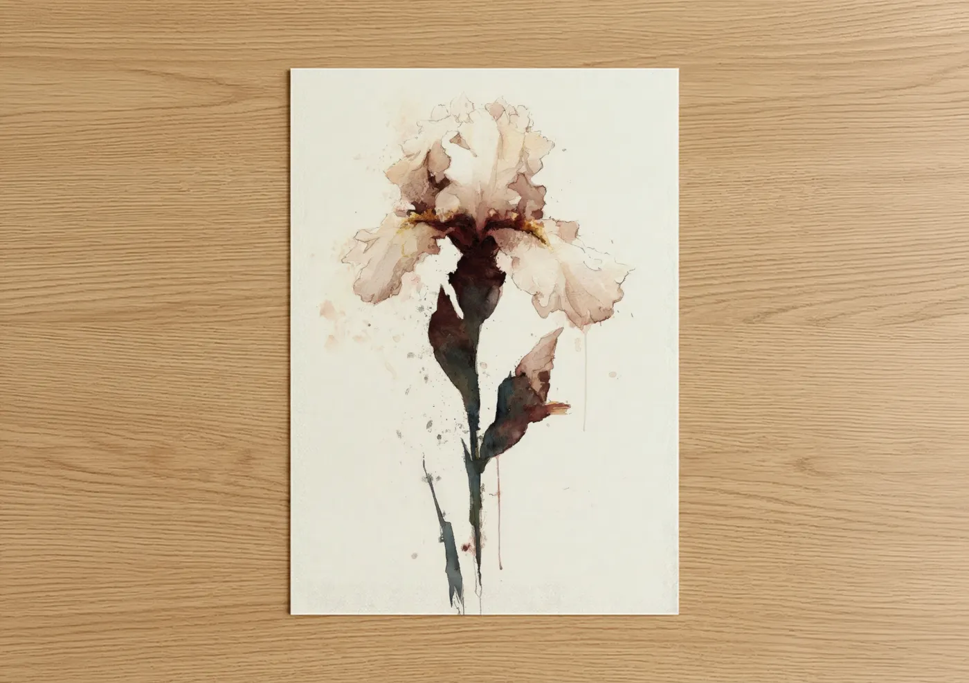 Art print on warm oak wood — cream and peach palette — Watercolor Iris poster