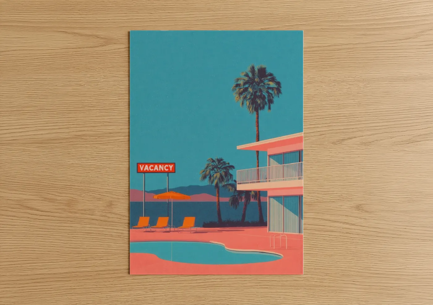 Hotel art print on warm oak wood — teal and salmon pink palette — Turquoise Motel Dreams poster