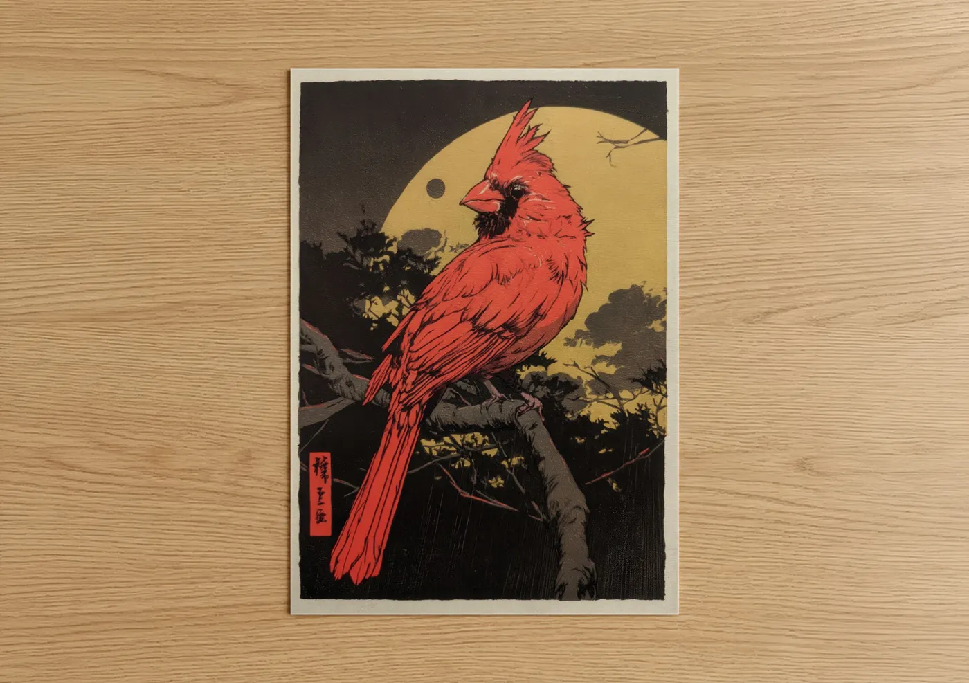 Art print on warm oak wood — red and black palette — Crimson Cardinal Moon poster