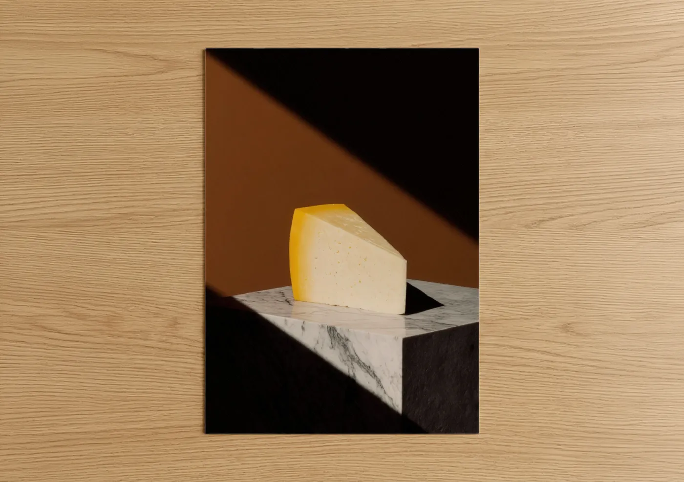 Art print on warm oak wood — gold and black and white palette — Golden Cheese Block poster