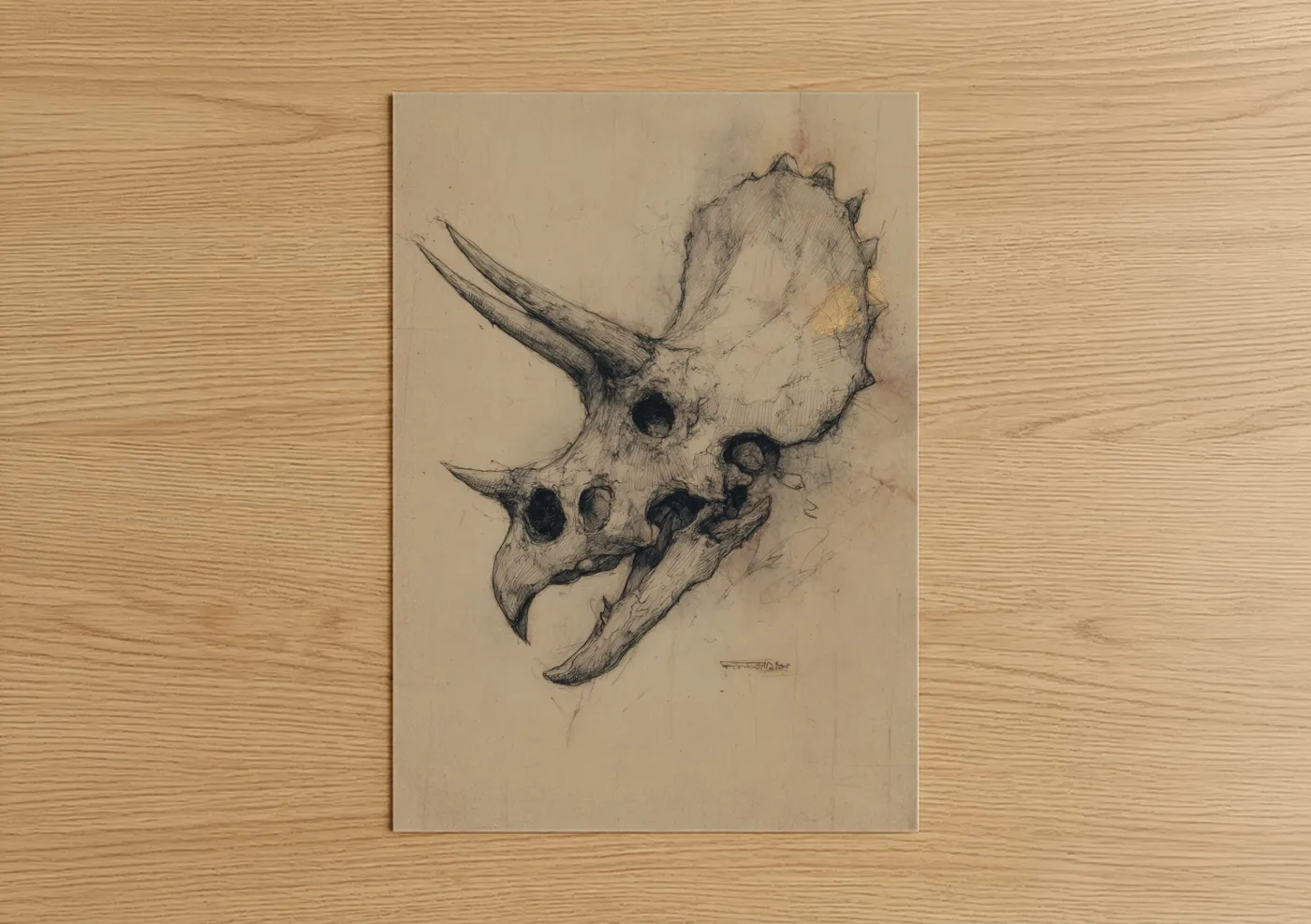 Dinosaur art print on warm oak wood — beige and black palette — Triceratops Skull Study poster