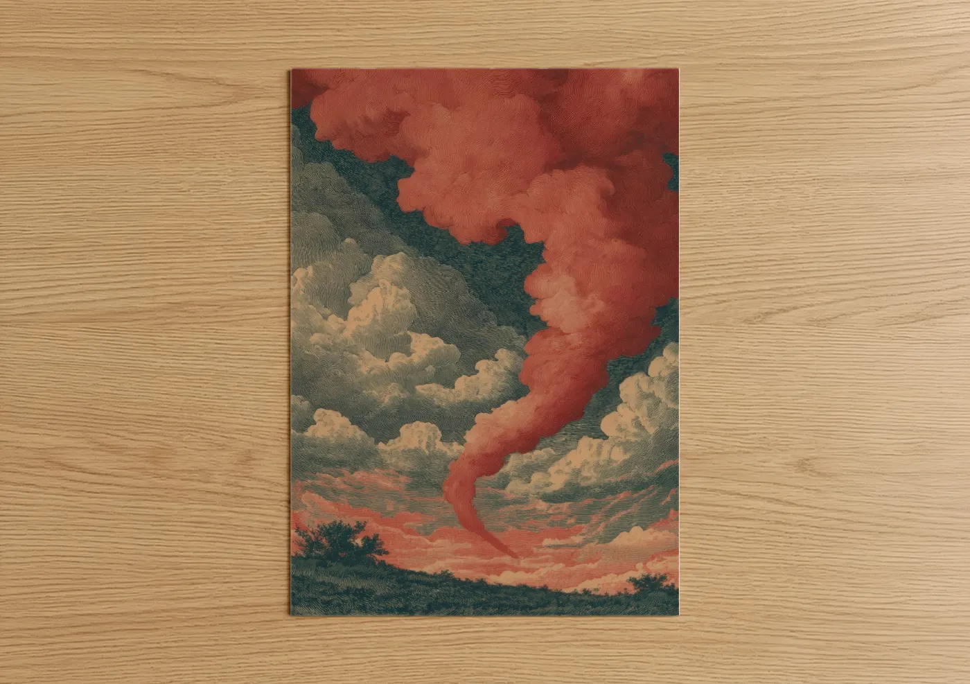 Art print on warm oak wood — red and teal palette — Crimson Tornado poster