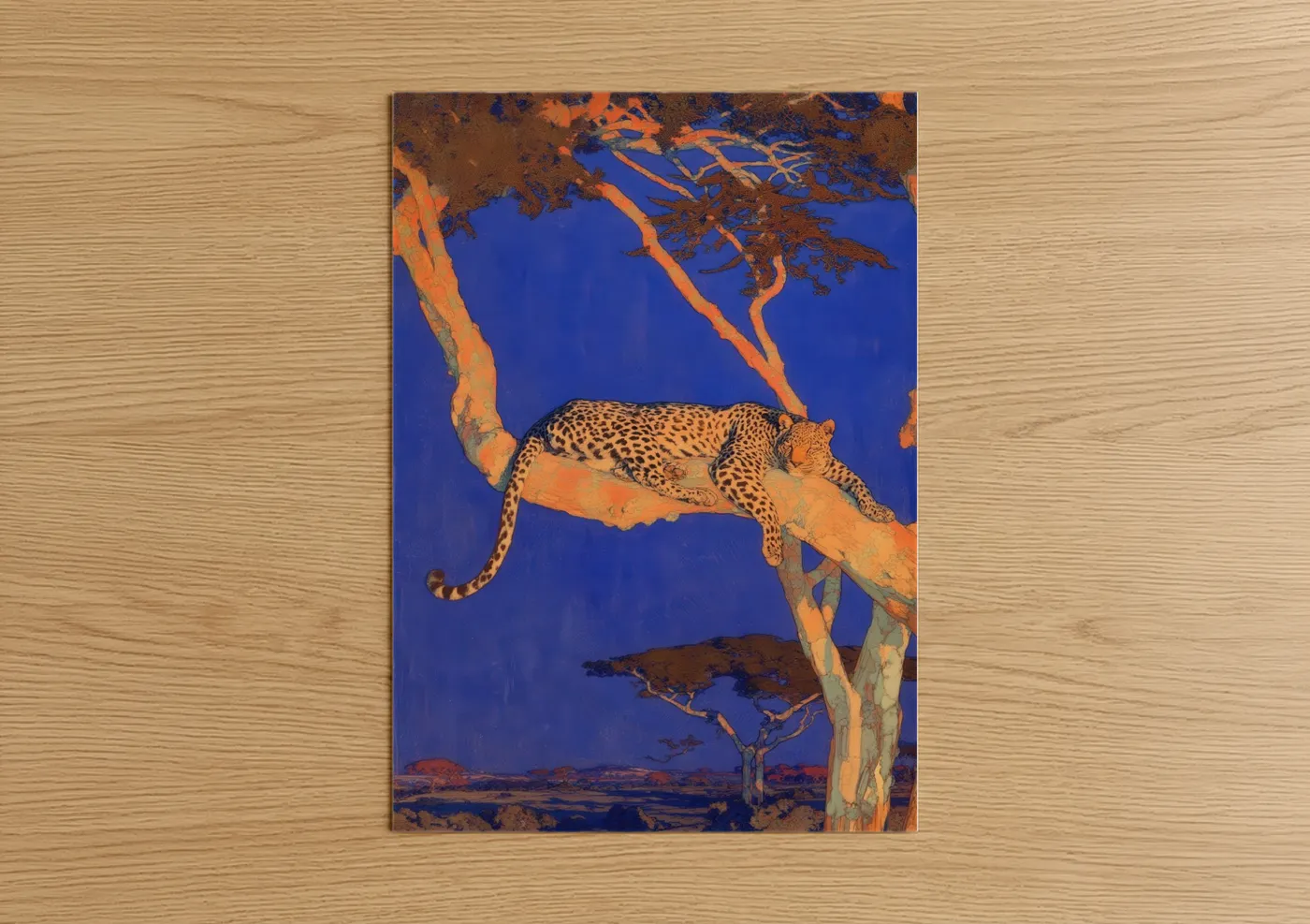 Art print on warm oak wood — royal blue and gold palette — Twilight Leopard poster