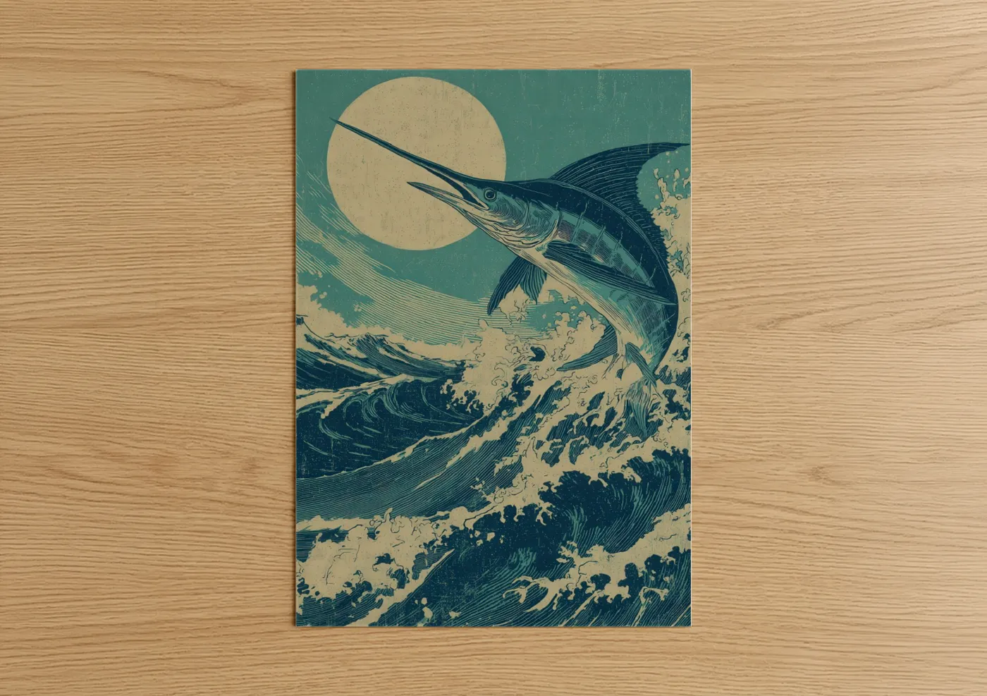 Blue marlin art print on warm oak wood — teal and cream palette — Wave-Leaping Marlin poster