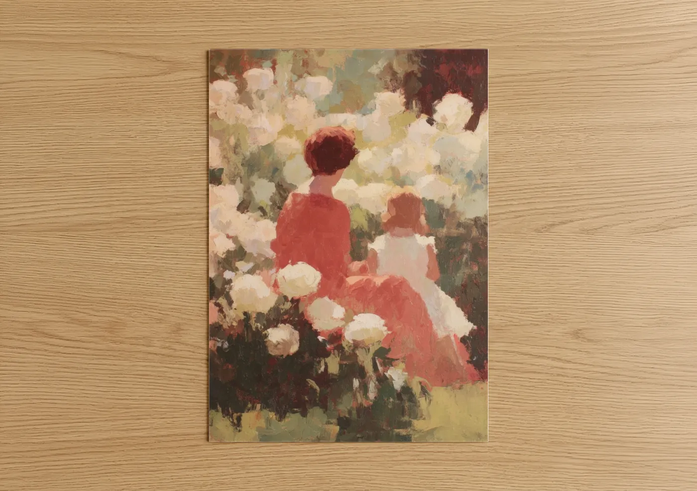 Mother's day art print on warm oak wood — cream and rose gold palette — Garden Moment Mother poster