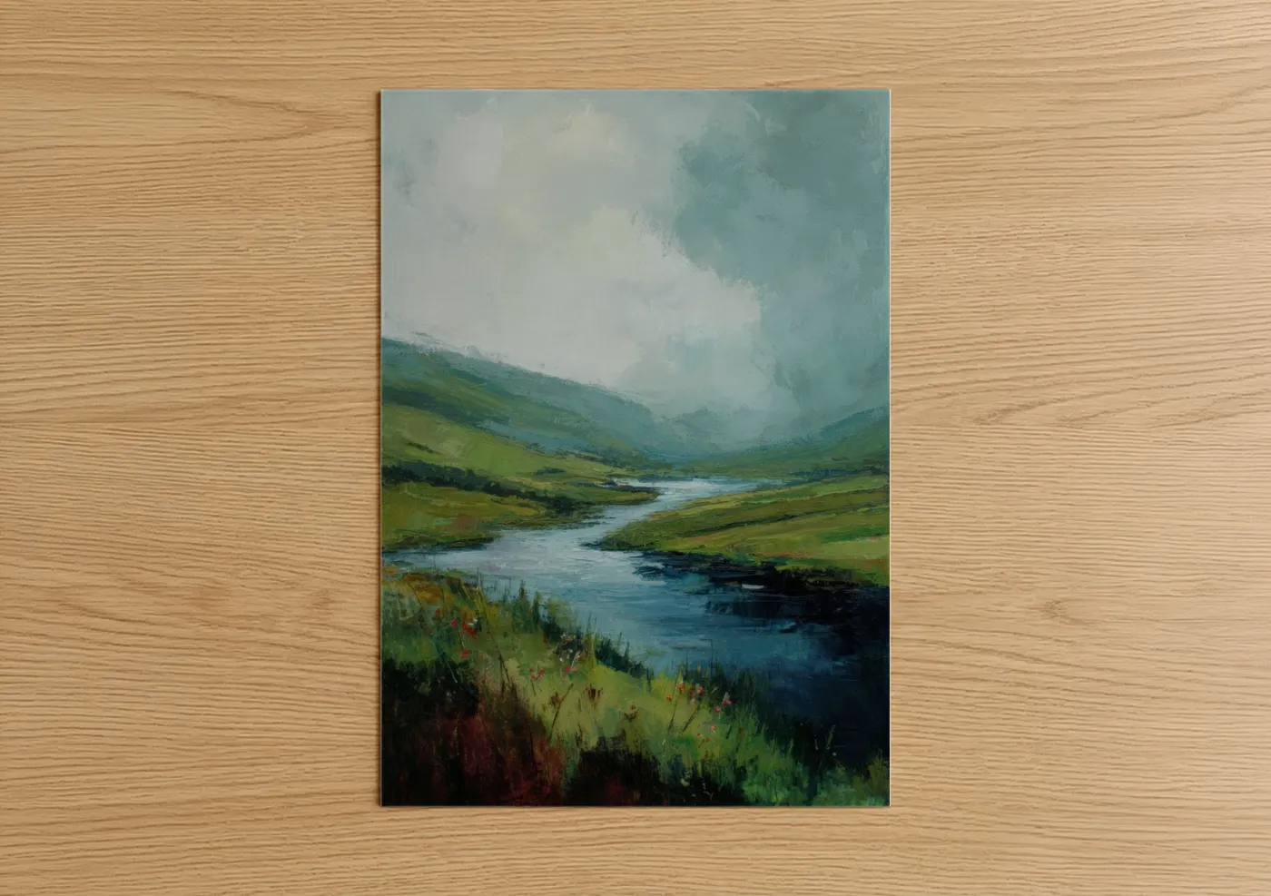 Rivers art print on warm oak wood — light green and blue palette — Highland River Valley poster