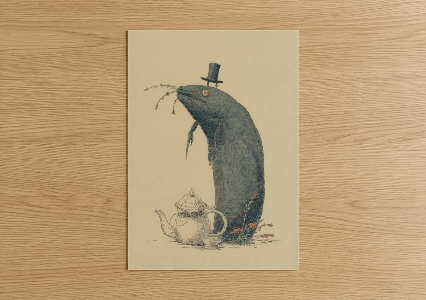 Eels art print on warm oak wood — beige and gray palette — Gentleman Eel poster