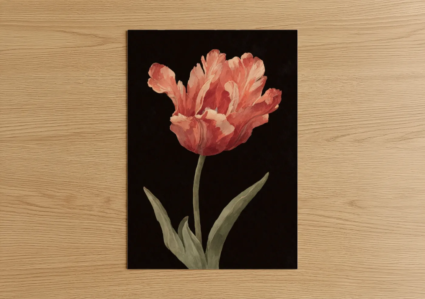 Art print on warm oak wood — salmon pink and black palette — Coral Tulip Bloom poster