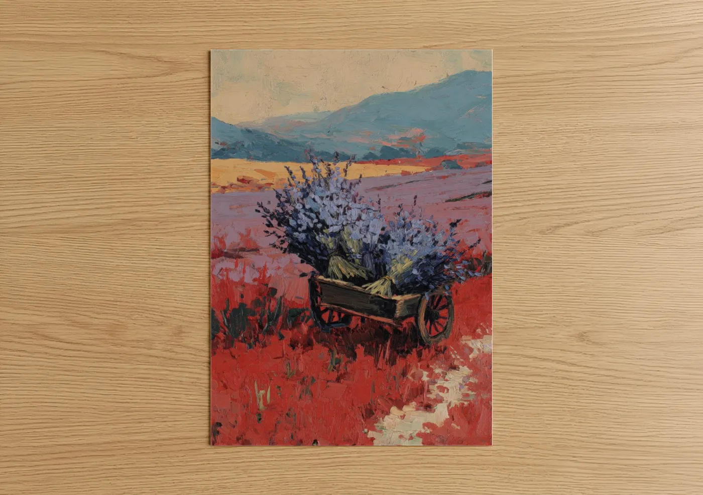 Art print on warm oak wood — red and blue palette — Lavender Harvest Wagon poster