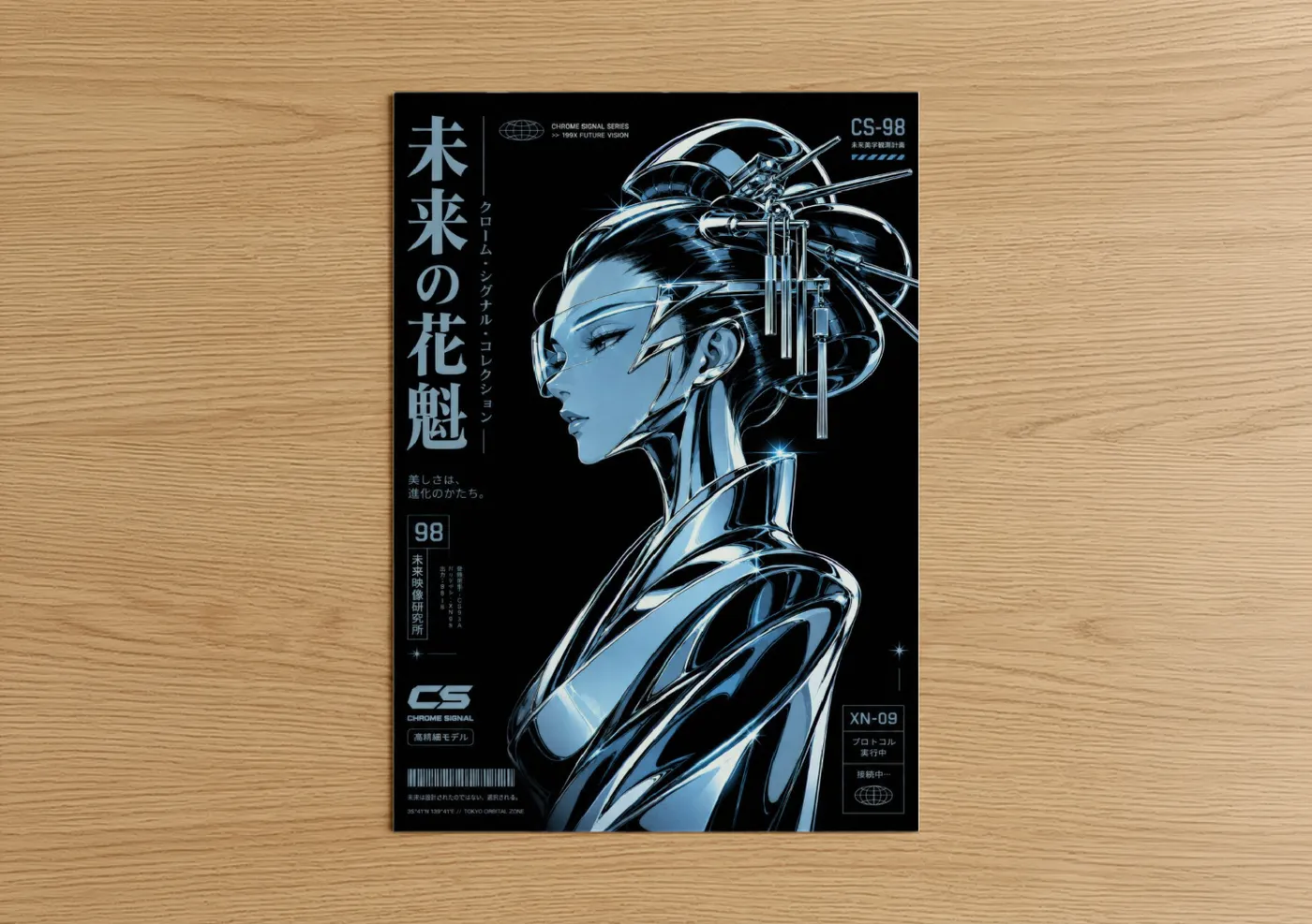 Extraterrestrial art print on warm oak wood — blue and black palette — Chrome Geisha Cyberpunk Sci-Fi Wall Art poster
