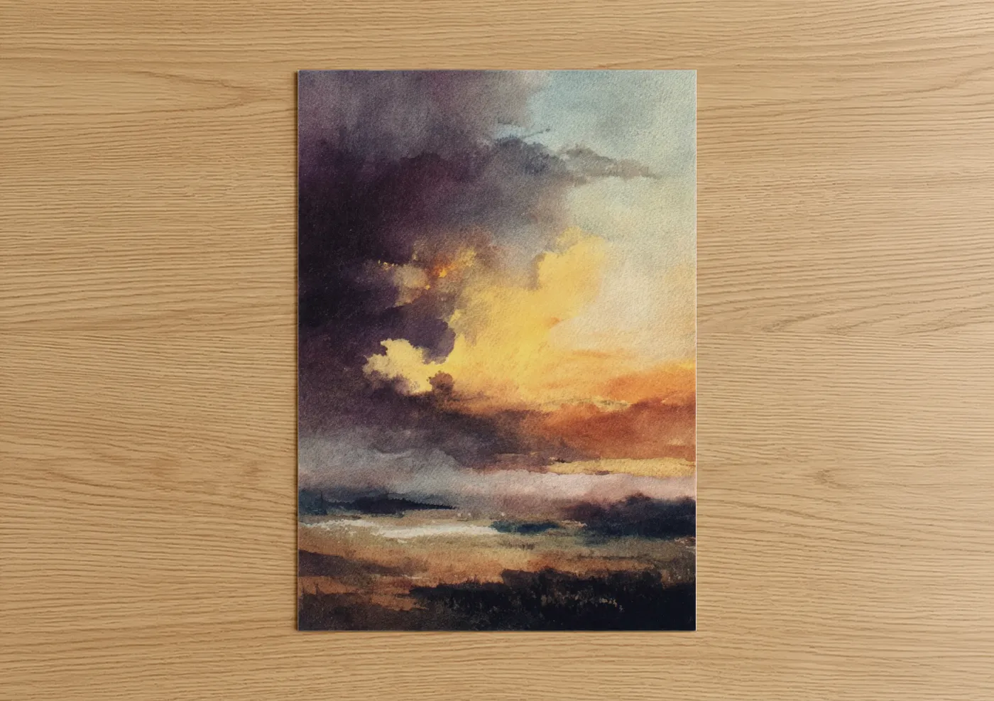 Art print on warm oak wood — gold and maroon palette — Dramatic Sunset Sky poster