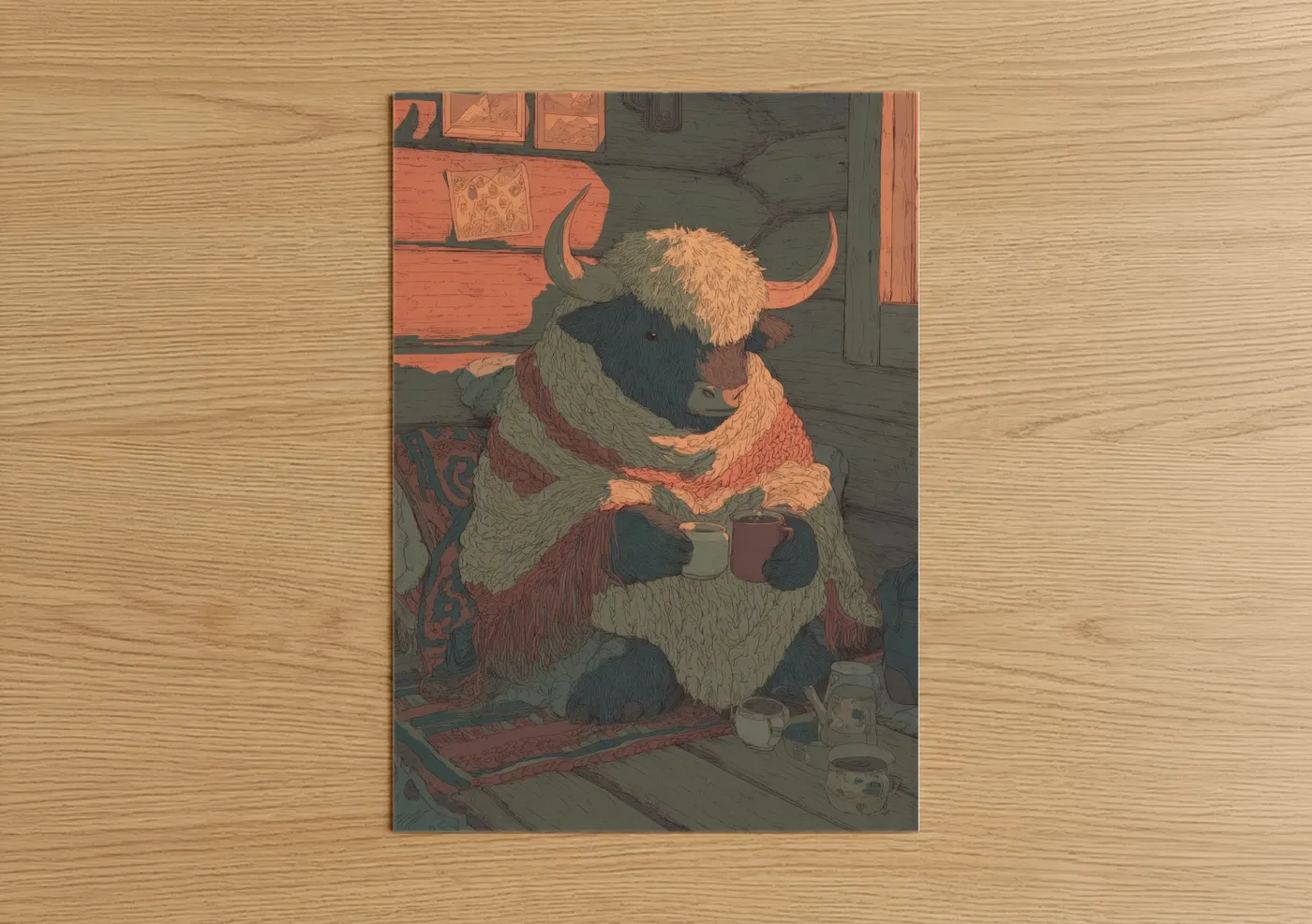 Art print on warm oak wood — russet and sage green palette — Cozy Yak poster